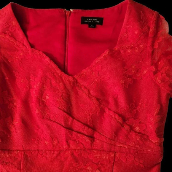 TAHARI Red Lace A-line Dress Arthur S. Levine Sz 4 Red Short Sleeve Party - Picture 5 of 16